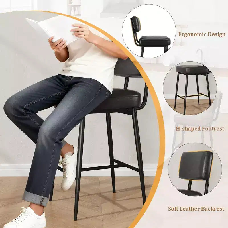 COZONY Tabourets de Bar Hauteur Comptoir Lot de 2, Chaises de Bar 66 cm en Similicuir avec Dossier pour Îlot de Cuisine et Salle à Manger