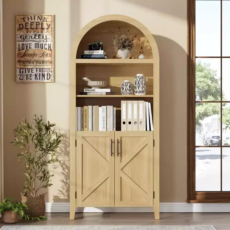COZONY Bibliothèque Arches avec Portes, Étagère à 5 Niveaux Moderne avec Meuble de Rangement, Étagère de Présentation Ouverte pour Salon et Bureau à Domicile