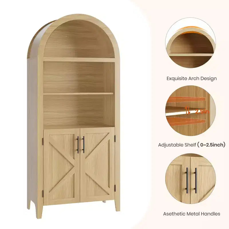 COZONY Bibliothèque Arches avec Portes, Étagère à 5 Niveaux Moderne avec Meuble de Rangement, Étagère de Présentation Ouverte pour Salon et Bureau à Domicile
