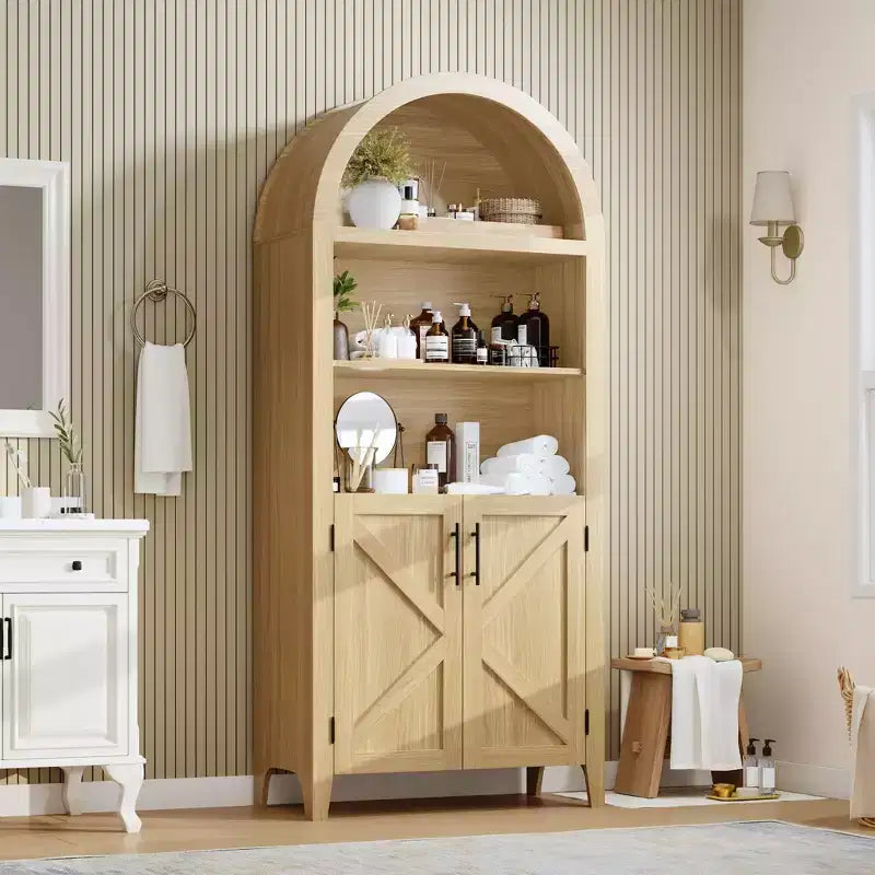 COZONY Bibliothèque Arches avec Portes, Étagère à 5 Niveaux Moderne avec Meuble de Rangement, Étagère de Présentation Ouverte pour Salon et Bureau à Domicile