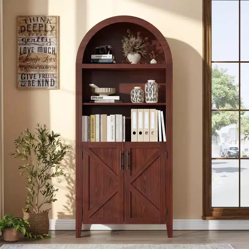 COZONY Bibliothèque Arches avec Portes, Étagère à 5 Niveaux Moderne avec Meuble de Rangement, Étagère de Présentation Ouverte pour Salon et Bureau à Domicile