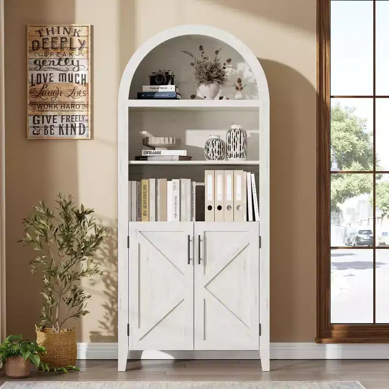 COZONY Bibliothèque Arches avec Portes, Étagère à 5 Niveaux Moderne avec Meuble de Rangement, Étagère de Présentation Ouverte pour Salon et Bureau à Domicile