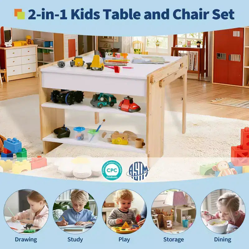 Table d'art et 1 chaise pour enfants, ensemble table d'activités convertible de 70 cm pour tout-petits en étagères de rangement, bureau de jeux créatifs pour enfants avec 2 boîtes de rangement