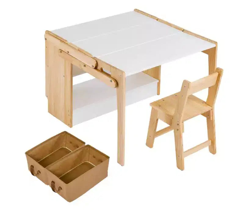 Table d'art et 1 chaise pour enfants, ensemble table d'activités convertible de 70 cm pour tout-petits en étagères de rangement, bureau de jeux créatifs pour enfants avec 2 boîtes de rangement