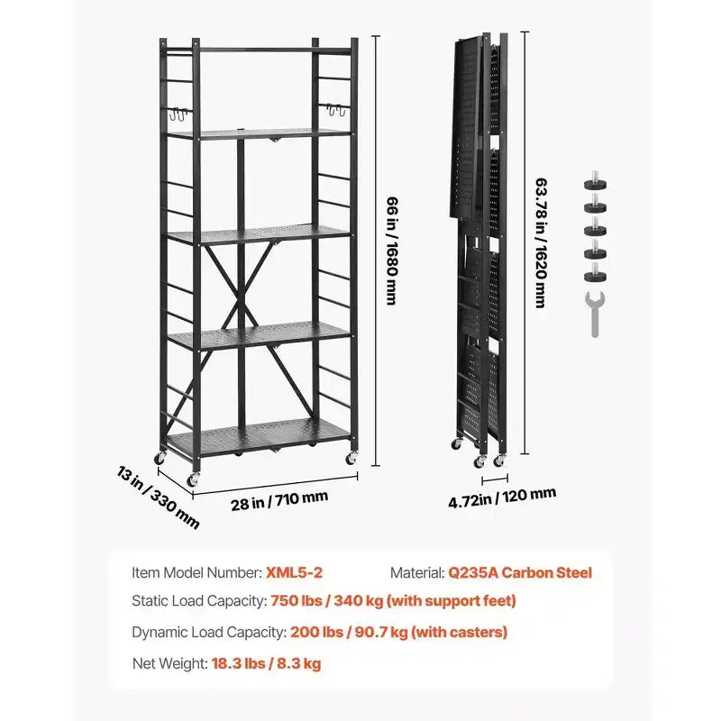 Étagère de rangement pliable à 5 niveaux VIYET avec roulettes 71 x 33 x 167 cm, en métal