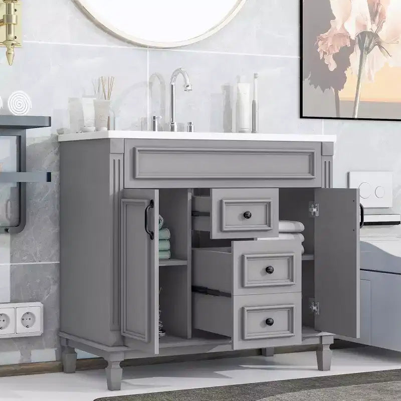 36 Bathroom Vanity with Sink Combo, Bathroom Storage Vanity with 2 Drawers & 2 Soft-Closing Doors, Wooden Bathroom Cabinet with Single Sink
