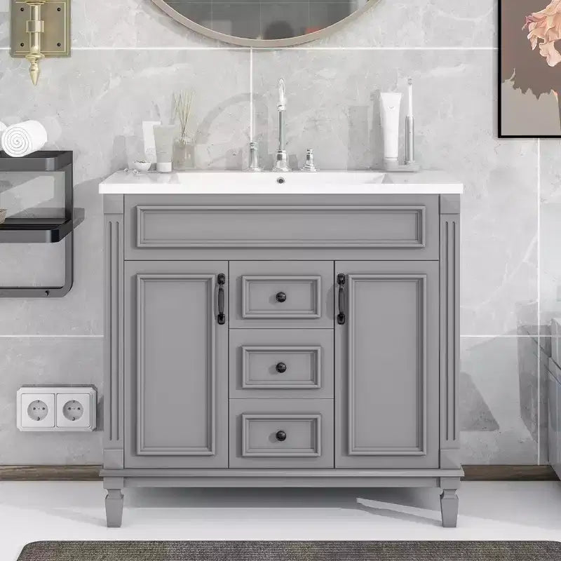 Meuble-lavabo de salle de bain 36 po avec lavabo intégré, meuble de rangement de salle de bain avec 2 tiroirs et 2 portes à fermeture amortie, meuble de salle de bain en bois avec lavabo simple