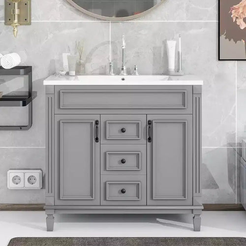 Meuble-lavabo de salle de bain 36 po avec lavabo intégré, meuble de rangement de salle de bain avec 2 tiroirs et 2 portes à fermeture amortie, meuble de salle de bain en bois avec lavabo simple