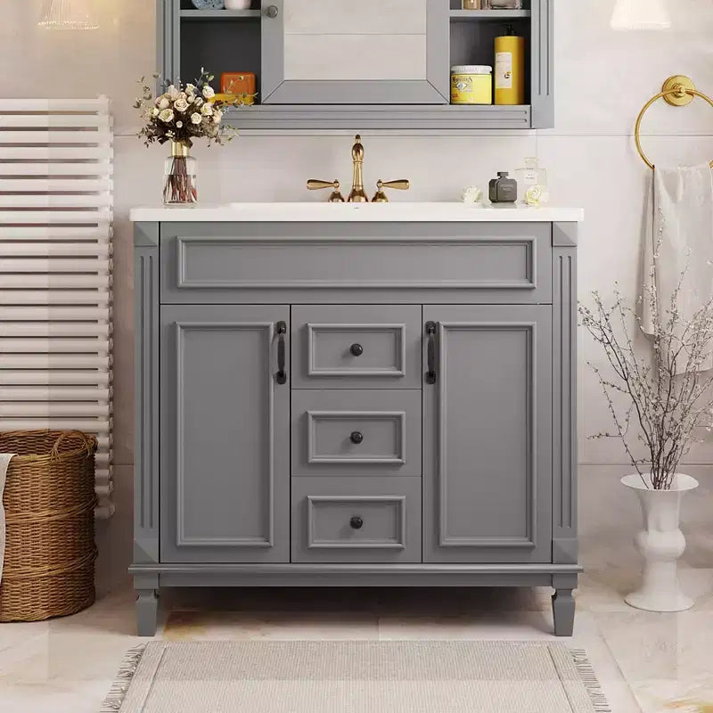 Meuble-lavabo de salle de bain 36 po avec lavabo intégré, meuble de rangement de salle de bain avec 2 tiroirs et 2 portes à fermeture amortie, meuble de salle de bain en bois avec lavabo simple