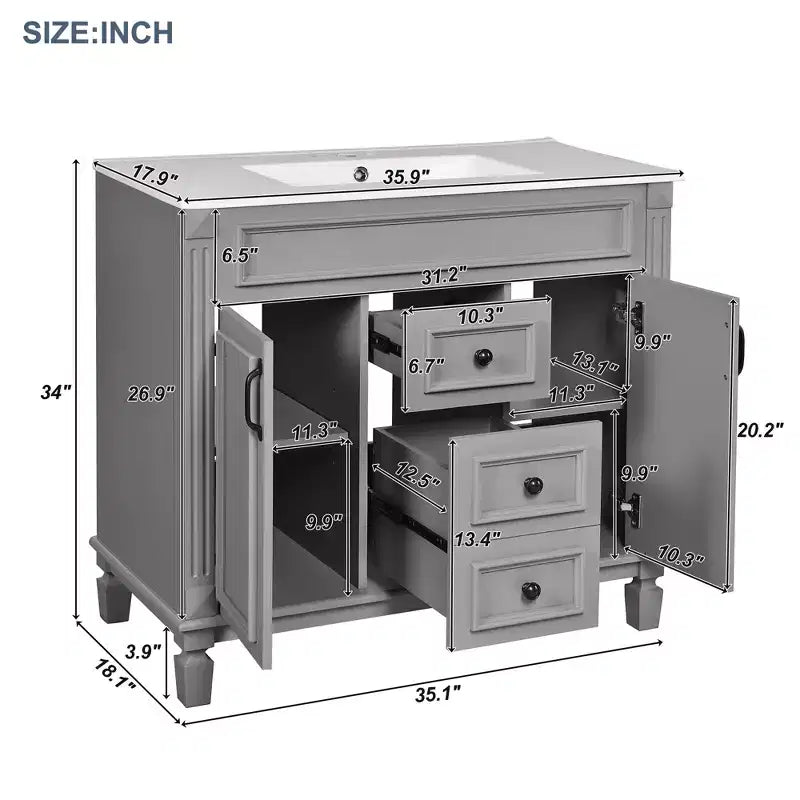 Meuble-lavabo de salle de bain 36 po avec lavabo intégré, meuble de rangement de salle de bain avec 2 tiroirs et 2 portes à fermeture amortie, meuble de salle de bain en bois avec lavabo simple