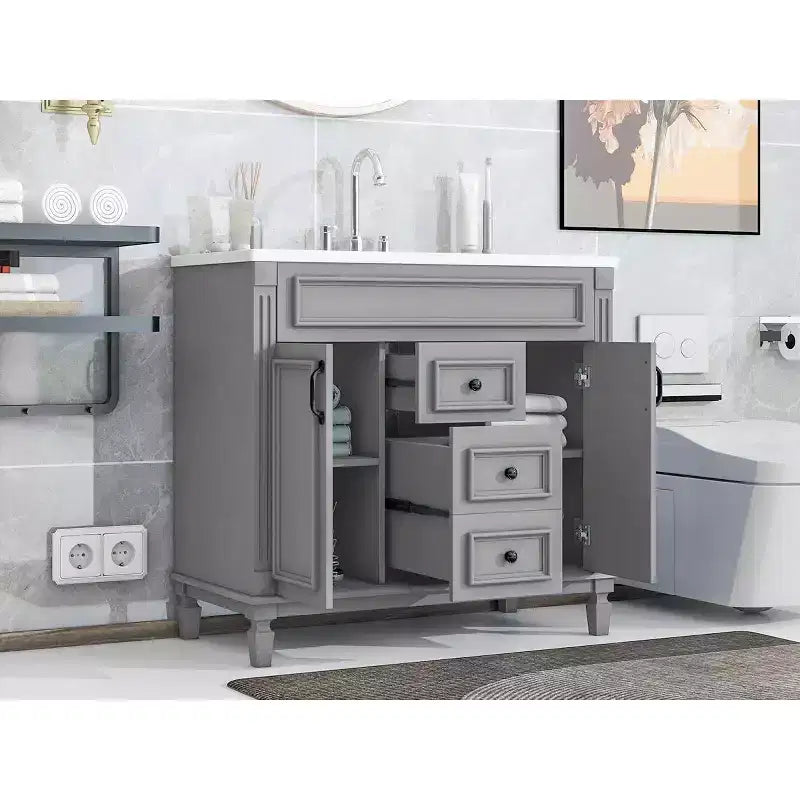 Meuble-lavabo de salle de bain 36 po avec lavabo intégré, meuble de rangement de salle de bain avec 2 tiroirs et 2 portes à fermeture amortie, meuble de salle de bain en bois avec lavabo simple