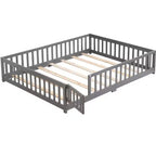 Lit au sol Queen Size avec porte et barrière, lit Montessori avec garde-corps et lattes, cadre de lit plateforme en bois pour filles et garçons