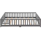 Lit au sol Queen Size avec porte et barrière, lit Montessori avec garde-corps et lattes, cadre de lit plateforme en bois pour filles et garçons