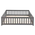 Lit au sol Queen Size avec porte et barrière, lit Montessori avec garde-corps et lattes, cadre de lit plateforme en bois pour filles et garçons