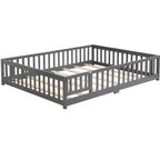 Lit au sol Queen Size avec porte et barrière, lit Montessori avec garde-corps et lattes, cadre de lit plateforme en bois pour filles et garçons