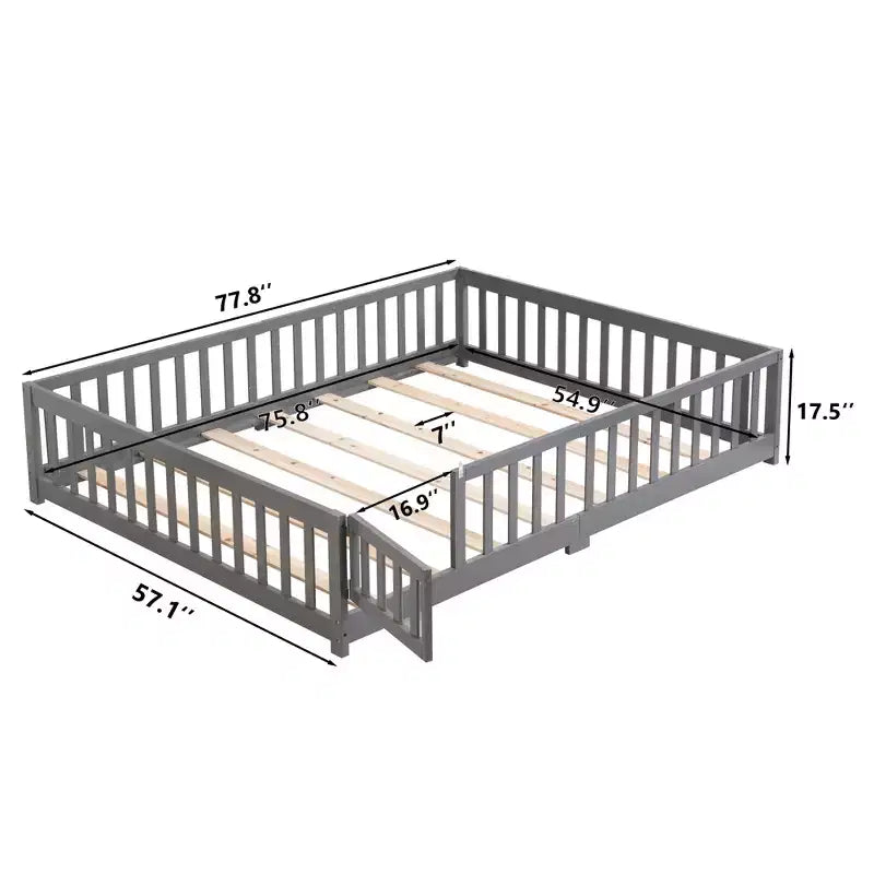 Lit au sol Queen Size avec porte et barrière, lit Montessori avec garde-corps et lattes, cadre de lit plateforme en bois pour filles et garçons