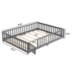 Lit au sol Queen Size avec porte et barrière, lit Montessori avec garde-corps et lattes, cadre de lit plateforme en bois pour filles et garçons