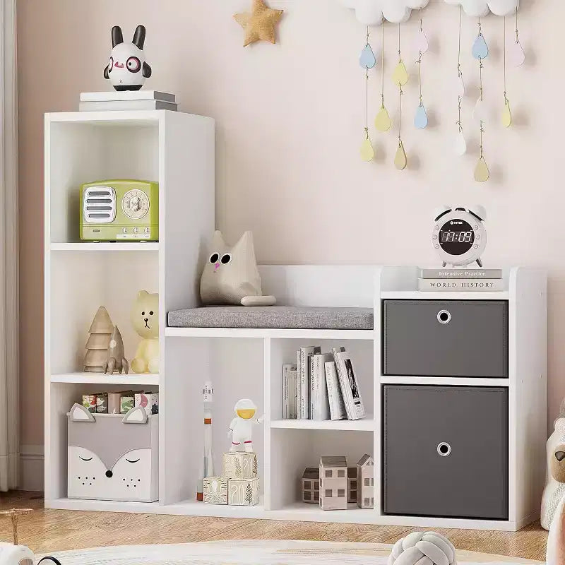 Acekool Wooden Kids Bookshelf, 5-Cubby Playhouse Bookcase with Storage Boxes, Organizer Shelf for Nursery Playroom Bedroom, White
