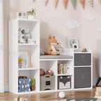 Étagère à Livres en Bois Acekool pour Enfants, Bibliothèque Cabane à 5 Compartiments avec Boîtes de Rangement, Étagère d'Organisation pour Chambre d'Enfant, Salle de Jeux, Blanc