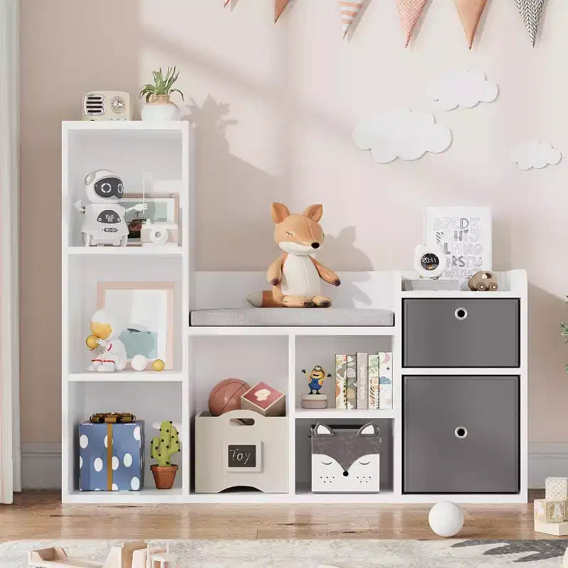 Étagère à Livres en Bois Acekool pour Enfants, Bibliothèque Cabane à 5 Compartiments avec Boîtes de Rangement, Étagère d'Organisation pour Chambre d'Enfant, Salle de Jeux, Blanc