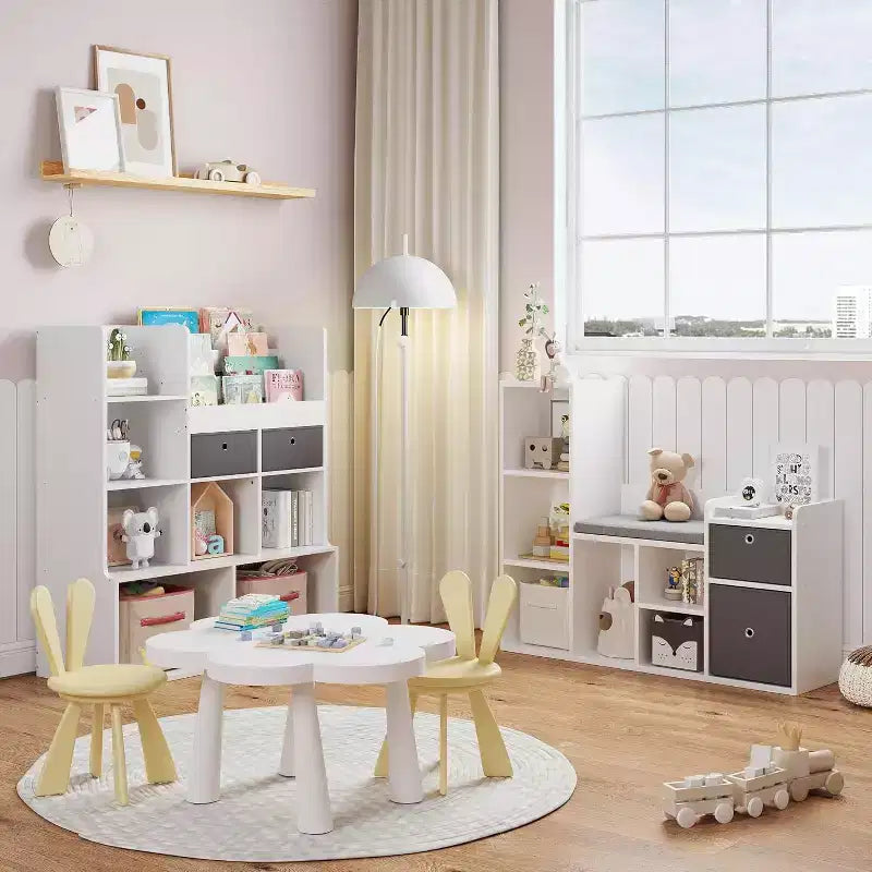 Étagère à Livres en Bois Acekool pour Enfants, Bibliothèque Cabane à 5 Compartiments avec Boîtes de Rangement, Étagère d'Organisation pour Chambre d'Enfant, Salle de Jeux, Blanc