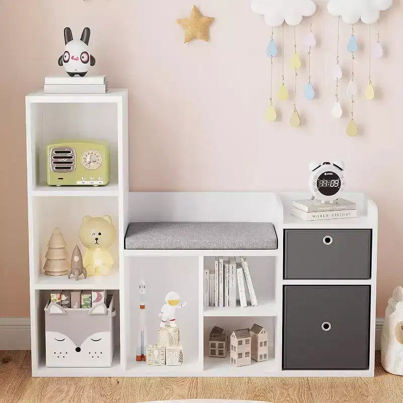 Étagère à Livres en Bois Acekool pour Enfants, Bibliothèque Cabane à 5 Compartiments avec Boîtes de Rangement, Étagère d'Organisation pour Chambre d'Enfant, Salle de Jeux, Blanc