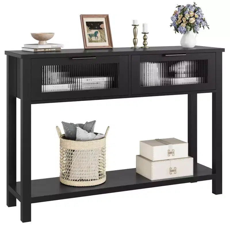 Entryway Table, Wood Console Table with 2 Glass Drawers, 2 Tier Sofa Table with Storage for Living Room, Foyer Tables for Entryway-Black