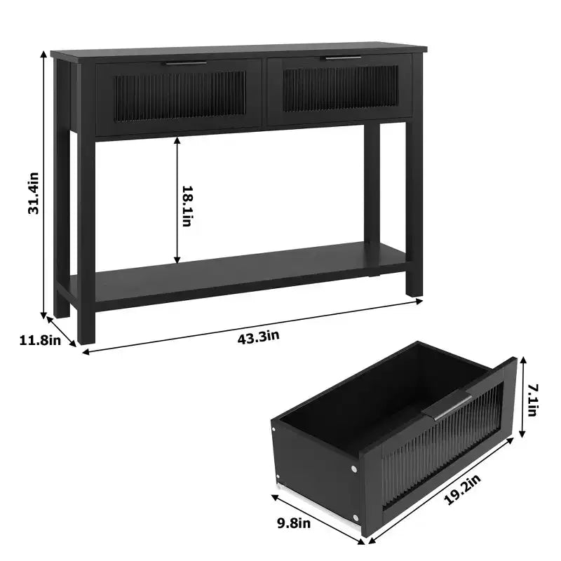 Table d'entrée, Console en bois avec 2 tiroirs en verre, Table de canapé à 2 niveaux avec rangement pour salon, Tables de foyer pour entrée - Noir