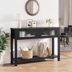 Table d'entrée, Console en bois avec 2 tiroirs en verre, Table de canapé à 2 niveaux avec rangement pour salon, Tables de foyer pour entrée - Noir