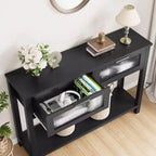 Table d'entrée, Console en bois avec 2 tiroirs en verre, Table de canapé à 2 niveaux avec rangement pour salon, Tables de foyer pour entrée - Noir