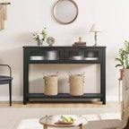 Table d'entrée, Console en bois avec 2 tiroirs en verre, Table de canapé à 2 niveaux avec rangement pour salon, Tables de foyer pour entrée - Noir