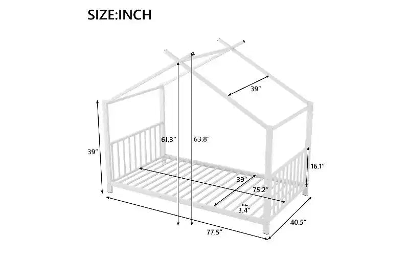 Cadre de lit double moderne TUYOHW, cadre de lit plateforme en métal en forme de maison, lit Montessori pour enfants avec tête de lit, aucun sommier tapissier requis pour lit de tout-petit
