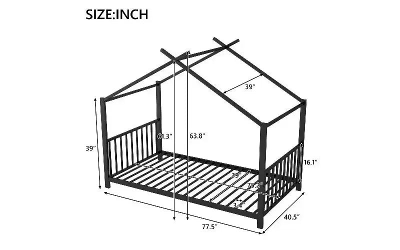 Cadre de lit double moderne TUYOHW, cadre de lit plateforme en métal en forme de maison, lit Montessori pour enfants avec tête de lit, aucun sommier tapissier requis pour lit de tout-petit
