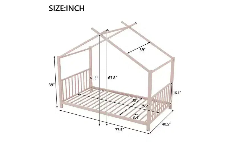 Cadre de lit double moderne TUYOHW, cadre de lit plateforme en métal en forme de maison, lit Montessori pour enfants avec tête de lit, aucun sommier tapissier requis pour lit de tout-petit
