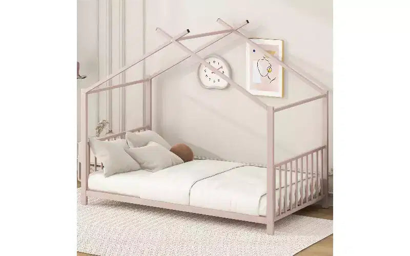 Cadre de lit double moderne TUYOHW, cadre de lit plateforme en métal en forme de maison, lit Montessori pour enfants avec tête de lit, aucun sommier tapissier requis pour lit de tout-petit