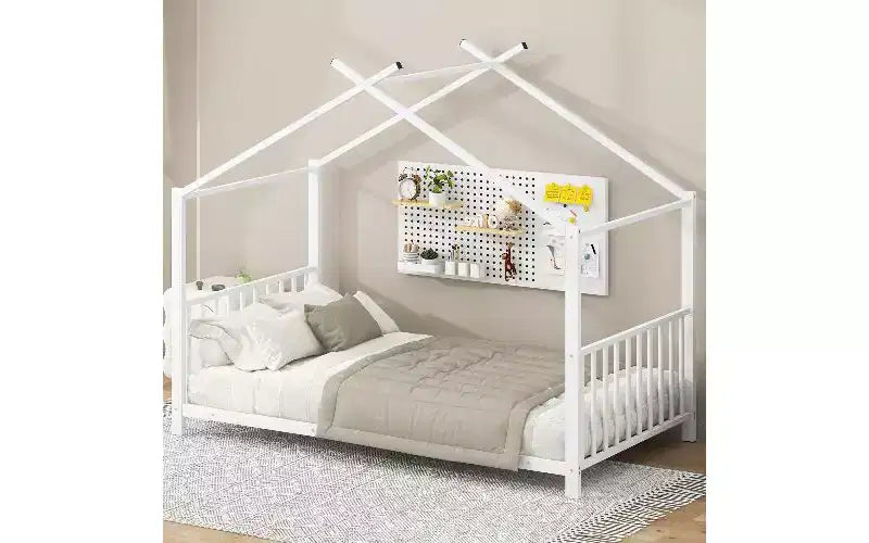 Cadre de lit double moderne TUYOHW, cadre de lit plateforme en métal en forme de maison, lit Montessori pour enfants avec tête de lit, aucun sommier tapissier requis pour lit de tout-petit