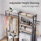 Étagère au-dessus de la laveuse, organisateur de buanderie à 5 niveaux de hauteur réglable avec tringle à vêtements et crochets, étagère de rangement pour sèche-linge