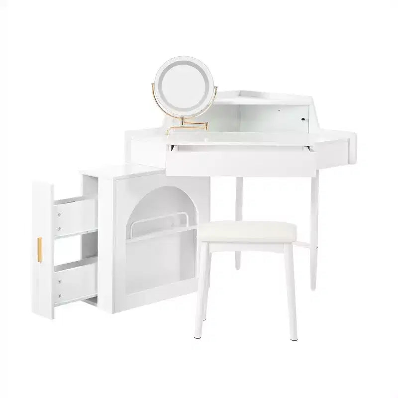 Coiffeuse d'angle Whisen, Ensemble de coiffeuse moderne, Table de maquillage avec miroir, tabouret et grand rangement - Blanc