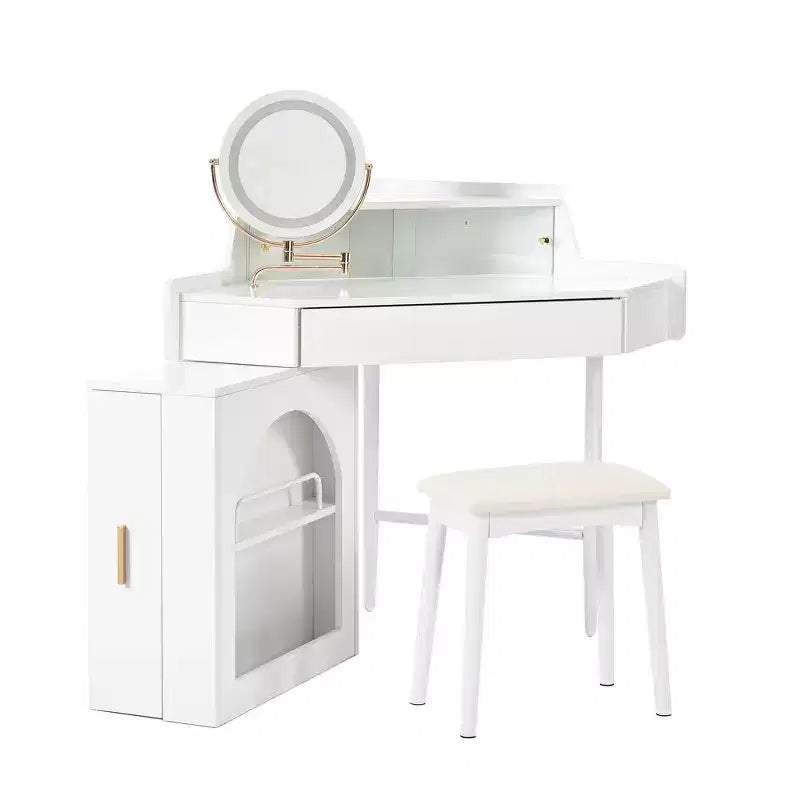 Coiffeuse d'angle Whisen, Ensemble de coiffeuse moderne, Table de maquillage avec miroir, tabouret et grand rangement - Blanc