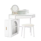 Coiffeuse d'angle Whisen, Ensemble de coiffeuse moderne, Table de maquillage avec miroir, tabouret et grand rangement - Blanc