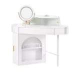 Coiffeuse d'angle Whisen, Ensemble de coiffeuse moderne, Table de maquillage avec miroir, tabouret et grand rangement - Blanc