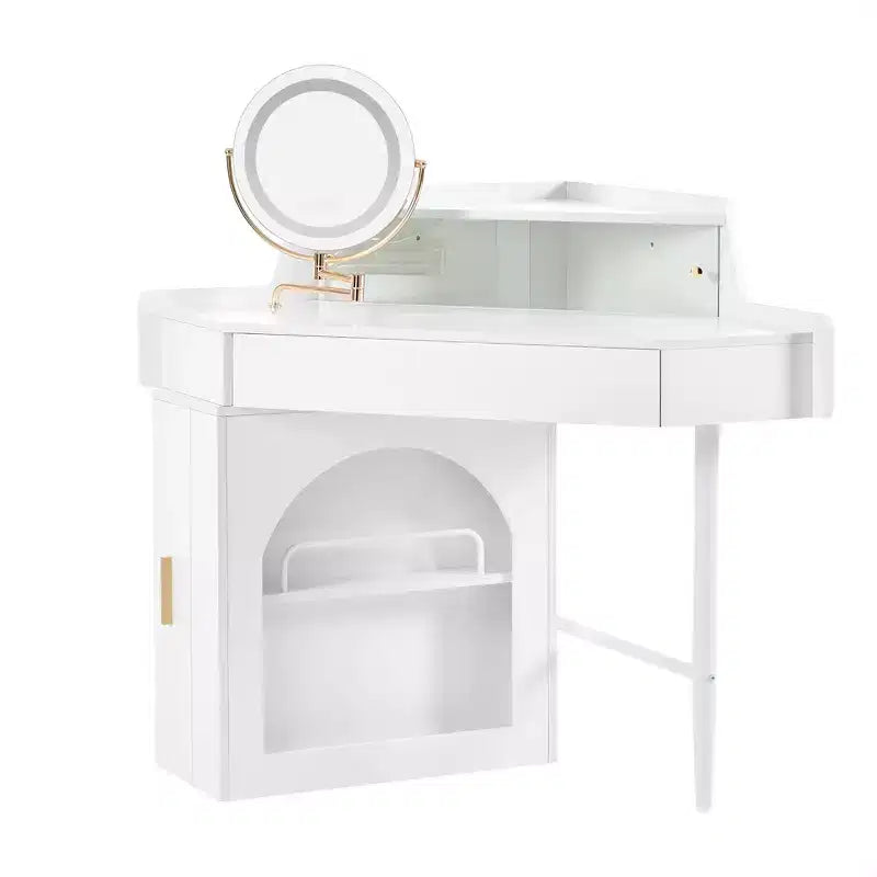 Coiffeuse d'angle Whisen, Ensemble de coiffeuse moderne, Table de maquillage avec miroir, tabouret et grand rangement - Blanc