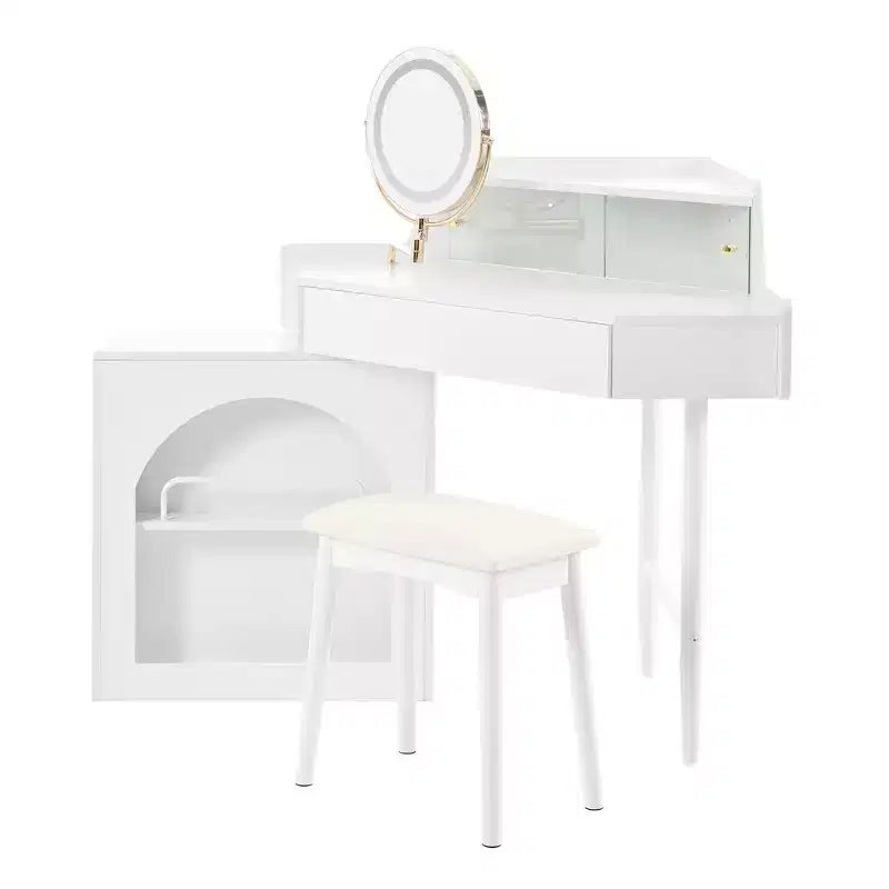 Coiffeuse d'angle Whisen, Ensemble de coiffeuse moderne, Table de maquillage avec miroir, tabouret et grand rangement - Blanc