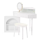 Coiffeuse d'angle Whisen, Ensemble de coiffeuse moderne, Table de maquillage avec miroir, tabouret et grand rangement - Blanc