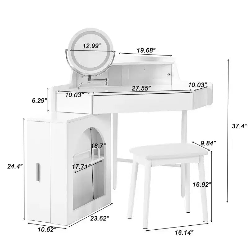 Coiffeuse d'angle Whisen, Ensemble de coiffeuse moderne, Table de maquillage avec miroir, tabouret et grand rangement - Blanc