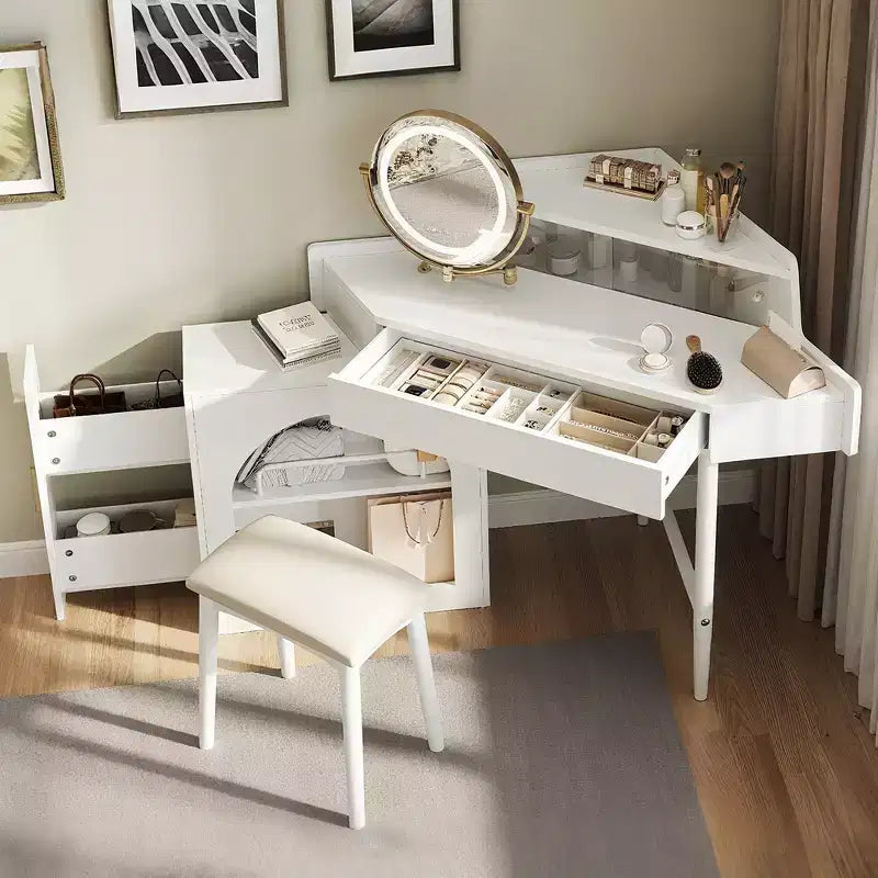 Coiffeuse d'angle Whisen, Ensemble de coiffeuse moderne, Table de maquillage avec miroir, tabouret et grand rangement - Blanc