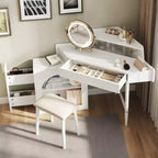 Coiffeuse d'angle Whisen, Ensemble de coiffeuse moderne, Table de maquillage avec miroir, tabouret et grand rangement - Blanc