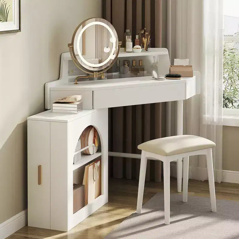 Coiffeuse d'angle Whisen, Ensemble de coiffeuse moderne, Table de maquillage avec miroir, tabouret et grand rangement - Blanc