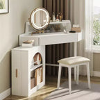 Coiffeuse d'angle Whisen, Ensemble de coiffeuse moderne, Table de maquillage avec miroir, tabouret et grand rangement - Blanc