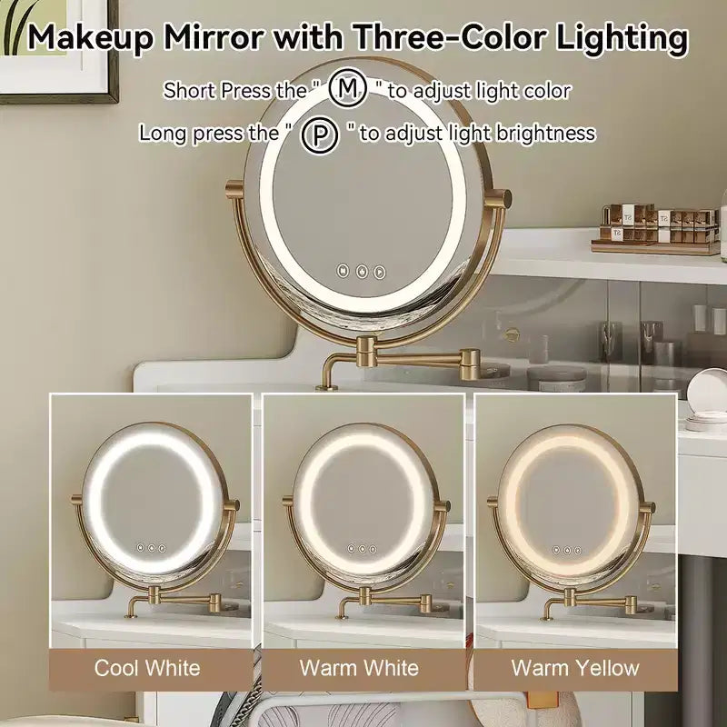 Coiffeuse d'angle Whisen, Ensemble de coiffeuse moderne, Table de maquillage avec miroir, tabouret et grand rangement - Blanc